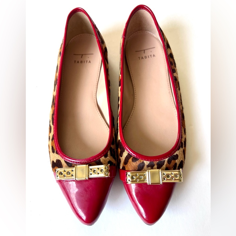 Tabita NEW Leopard Print Pointed Toe Ballet Flats Red Trim Gold Bow NWOT Size 6